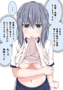 ... 1girl absurdres aqua_eyes breasts clothes_lift gym_uniform highres jitome kuromiya_sakana large_breasts looking_at_viewer mouth_hold no_bra original panties panty_peek shirt_lift simple_background solo spoken_ellipsis stomach translated underboob underwear
