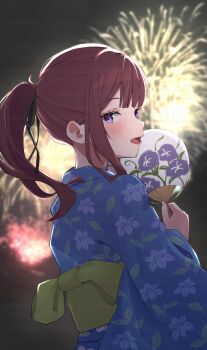 1girl aerial_fireworks blue_kimono blurry blurry_background blush brown_hair depth_of_field fireworks floral_print hair_ribbon hand_fan highres holding holding_fan japanese_clothes kimono long_hair looking_at_viewer looking_back night obi open_mouth outdoors paper_fan ponytail purple_eyes ribbon sash smile solo synthesizer_v taoru_aaa uchiwa upper_body water watermark yukata