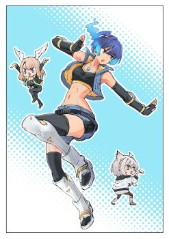 3girls animal_ears bare_shoulders blue_eyes blue_hair boots breasts brown_eyes brown_hair cat_ears cat_girl chibi crop_top cropped_jacket elbow_gloves eunie_(xenoblade) fingerless_gloves gloves large_breasts long_sleeves midriff mio_(xenoblade) multiple_girls nemimin sena_(xenoblade) shorts side_ponytail skirt sleeveless white_hair wings xenoblade_chronicles_(series) xenoblade_chronicles_3 yellow_eyes