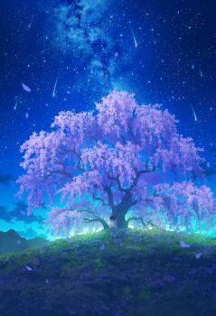 1girl absurdres au_ito cherry_blossoms cloud commentary_request cool_colored highres hill knees_to_chest milky_way night original outdoors scenery shooting_star sitting sky solo star_(sky) starry_sky tree under_tree very_wide_shot