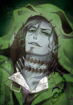 1boy beard centipede_tattoo chinstrap_beard collared_shirt cosplay facial_hair green_eyes highres hood hooded_jacket jacket kiiro-iro male_focus mature_male neck_tattoo oogie_boogie oogie_boogie_(cosplay) scar scar_on_face scar_on_forehead scar_on_mouth shirt smile solo stitched_clothes swing_(twisted_wonderland) tattoo the_nightmare_before_christmas twisted_wonderland