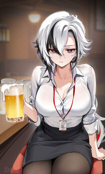 ... 1girl alternate_costume arlecchino_(genshin_impact) beer_mug black_eyes black_hair black_pantyhose black_skirt breasts cleavage closed_mouth collarbone collared_shirt commentary contemporary cup earrings english_commentary foxyreine genshin_impact hair_between_eyes highres holding holding_cup id_card jewelry large_breasts long_hair looking_at_viewer mug multicolored_hair office_lady pantyhose red_pupils shirt shirt_tucked_in sitting skirt solo spoken_ellipsis streaked_hair symbol-shaped_pupils textless_version two-tone_hair very_long_hair white_hair white_shirt x-shaped_pupils