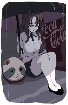 1girl arcsinus breasts coca-cola collared_shirt full_body glasses high_heels highres holding holding_phone holding_umbrella kiryuu_moeka large_breasts long_hair open_mouth pencil_skirt phone rain science_adventure shirt shoes sitting skirt solo steins;gate stuffed_toy thick_thighs thighs umbrella upa_(steins;gate) vending_machine