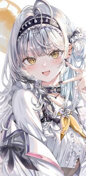 1girl absurdres balloon black_nails center_frills commentary frills ginjo_saine grey_hair hand_up highres jacket long_hair looking_at_viewer momoko_(momopoco) neckerchief open_clothes open_jacket open_mouth shirt smile solo symbol-only_commentary virtual_youtuber vspo! white_shirt yellow_eyes yellow_neckerchief