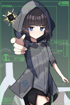 1girl ace_combat ace_combat_3 aiming aiming_at_viewer arch black_hair black_shorts black_thighhighs blue_eyes blunt_bangs bright_pupils camouflage camouflage_jacket closed_mouth commentary countdown_timer english_commentary finger_gun general_resource_limited green_sky grey_jacket heads-up_display highres hood hood_up incoming_attack jacket light_blush looking_at_viewer mecha_musume mecham medium_hair missile personification pointing pointing_at_viewer serious shorts sky sleeves_rolled_up split_mouth thighhighs user_interface white_pupils xfa-36a_game zipper_pull_tab
