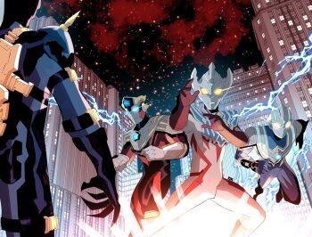 Rule 34 | 4boys, alien, armor, black gloves, black skin, blue eyes, blue skin, boots, color timer, colored skin, compound eyes, dorsal fin, elbow spikes, forehead jewel, george kambadais, gloves, glowing, green star, highres, horns, multicolored skin, multiple boys, muscular, muscular male, no pupils, power gloves, red skin, shoulder armor, shoulder spikes, silver boots, silver skin, spikes, studded armor, tokusatsu, ultra series, ultraman fuma, ultraman taiga, ultraman taiga (series), ultraman titas, ultraman tregear, white eyes, yellow eyes