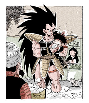 1girl 3boys black_hair brown_tail cat child dragon_ball dragon_ball_(object) dragonball_z family_bonding fenyon food highres long_hair male_focus monkey_tail multiple_boys raditz saiyan_armor scouter son_gohan spiked_hair steamed_bun tail