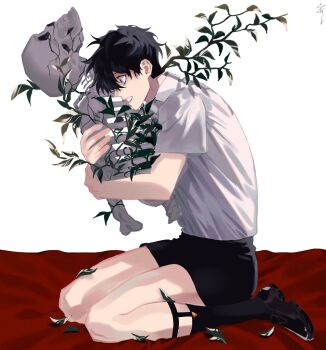 1boy absurdres black_hair black_shorts commentary constricted_pupils full_body gost_56 growing_out_of_body highres hugging_object male_focus original plant seiza shirt short_hair shorts sitting skeleton solo symbol-only_commentary white_shirt wide-eyed