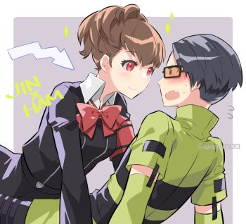 1boy 1girl :&gt; armband arrow_(symbol) black-framed_eyewear black_hair black_jacket black_pants black_skirt border bow breasts brown_hair character_name closed_mouth collared_jacket commentary_request cowboy_shot detached_sleeves embarrassed eye_contact fang flying_sweatdrops from_side gekkoukan_high_school_uniform girl_on_top glasses green_jacket grey_background hetero jacket light_blush long_sleeves looking_at_another medium_breasts open_mouth orange-tinted_eyewear outside_border pants persona persona_3 persona_3_portable ponytail reclining rectangular_eyewear red_armband red_bow red_eyes school_uniform shichijyou_melle shiomi_kotone shirato_jin short_hair skin_fang skirt smile striped_clothes striped_jacket sweat tinted_eyewear twitter_username undercut white_border