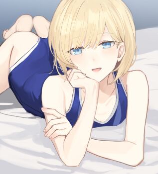 1boy armpit_crease bare_legs bare_shoulders barefoot blonde-haired_boy_(sunaba_(nczd5875)) blonde_hair blue_eyes blue_one-piece_swimsuit blush collarbone commentary_request crossdressing crossdressing_(mtf) dot_nose fang full_body hand_on_own_arm hand_on_own_cheek hand_on_own_face looking_at_viewer lying male_focus medium_hair on_bed on_stomach one-piece_swimsuit open_mouth original partial_commentary school_swimsuit smile solo sunaba_(nczd5875) swimsuit thighs tongue trap