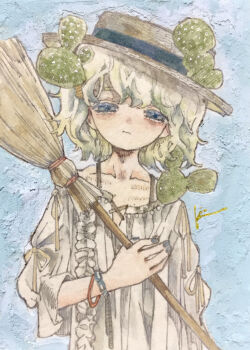1girl acrylic_paint_(medium) blonde_hair blue_eyes blunt_bangs blush bracelet broom cactus closed_mouth commentary_request dress expressionless hat highres holding holding_broom jewelry karintoun long_sleeves looking_at_viewer original outdoors painting_(medium) short_hair signature simple_background standing straight-on straw_hat traditional_media upper_body watercolor_(medium) white_dress