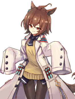 1girl absurdres agnes_tachyon_(tach-nology)_(umamusume) agnes_tachyon_(umamusume) ahoge animal_ears black_shirt brown_hair brown_pantyhose brown_sweater closed_mouth collared_shirt commentary_request highres horse_ears horse_girl horse_tail lab_coat long_sleeves looking_at_viewer open_clothes pantyhose red_eyes shirt simple_background sleeves_past_fingers sleeves_past_wrists smile solo sweater taikihori tail thigh_gap umamusume white_background