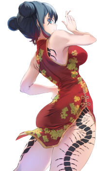 1girl absurdres arched_back ass back_tattoo blue_eyes blue_hair breasts centipede_tattoo china_dress chinese_clothes cigarette cowboy_shot double_bun dress floral_print floral_print_dress from_below hair_bun hand_on_own_hip hand_up highres holding holding_cigarette leg_tattoo looking_at_viewer medium_breasts omeletricetaro3 original print_dress red_dress sidelocks simple_background smoking solo tattoo tattoo_peek taut_clothes taut_dress thighs white_background