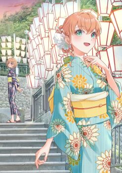 Rule 34 | 2girls, :d, absurdres, aqua eyes, black kimono, blue kimono, brown hair, commentary request, cowboy shot, crossover, floral print, floral print kimono, hanasaku iroha, highres, hinoshita kaho, ishikawa prefecture, japanese clothes, kimono, kobassy, link! like! love live!, long sleeves, looking at viewer, love live!, matsumae ohana, multiple girls, obi, obiage, obijime, open mouth, orange hair, outdoors, print kimono, sandals, sash, smile, solo focus, stairs, striped clothes, striped kimono, vertical-striped clothes, vertical-striped kimono, virtual youtuber, yellow sash, yukata