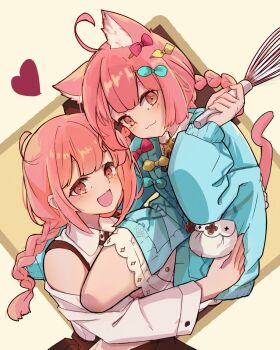 2girls :3 :d ahoge animal_ears aqua_sweater bare_shoulders braid braided_hair_rings carrying carrying_person cat_ears cat_girl cat_tail collared_shirt commentary elun_(elun_00) english_commentary hair_ornament hair_rings hairclip heart highres holding holding_whisk kemono_teatime looking_at_viewer macaron_(kemono_teatime) multiple_girls open_mouth pink_eyes pink_hair shirt siblings sisters smile sweater tail tarte_(kemono_teatime) whisk