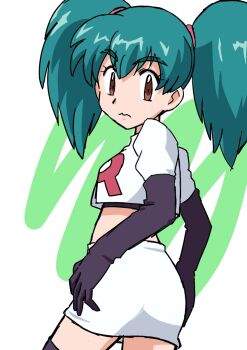 1girl aznakagoe black_gloves black_thighhighs brown_eyes closed_mouth cosplay crop_top cropped_jacket duplica_(pokemon) elbow_gloves gloves green_hair highres jacket jessie_(pokemon) jessie_(pokemon)_(cosplay) midriff navel nintendo pokemon pokemon_(anime) pokemon_(classic_anime) skirt solo team_rocket team_rocket_uniform thighhighs twintails white_jacket white_skirt