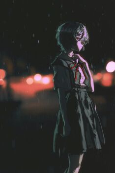 1girl ayanami_rei blue_hair blue_skirt blurry blurry_background collared_shirt commentary cowboy_shot depth_of_field english_commentary hair_between_eyes hand_on_own_chest highres neon_genesis_evangelion night rain red_eyes red_ribbon ribbon school_uniform shiej007 shirt short_hair short_sleeves skirt white_shirt