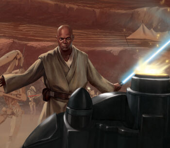1boy b1_battle_droid bald blue_lightsaber brown_tunic dark-skinned_male dark_skin energy_sword highres holding holding_sword holding_weapon javier_charro lightsaber looking_at_viewer mace_windu scene_reference sparks star_wars star_wars:_attack_of_the_clones sword tunic very_dark_skin weapon