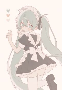 1girl alternate_costume apron back_bow black_dress black_ribbon black_shoes blush bow closed_mouth color_guide commentary cowboy_shot double-parted_bangs dress enmaided frilled_apron frilled_dress frills from_behind green_eyes green_hair green_nails hair_between_eyes hair_ribbon hands_up hatsune_miku heart highres long_hair looking_at_viewer looking_back maid maid_headdress mary_janes meroharome nail_polish ribbon shoes short_sleeves simple_background solo thighhighs twintails very_long_hair vocaloid white_apron white_background white_thighhighs zettai_ryouiki