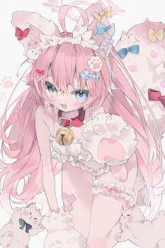 :d ahoge alternate_costume animal animal_collar animal_ear_hairband animal_ears animal_hands baby_animal bandaid_on_thigh bare_arms bare_legs bare_shoulders bell blue_archive blue_bow blue_eyes blush bow bow_hair_ornament bra breasts cat cat_ear_hairband cat_ears cat_hair_ornament cat_tail collar collarbone commentary crossed_bandaids double-parted_bangs ear_bow english_commentary fake_animal_ears fake_tail fang fish_hair_ornament fish_skeleton_hair_ornament frilled_bra frilled_panties frilled_thigh_strap frills gloves green_eyes hair_between_eyes hair_flaps hair_ornament hairband hairclip halo hand_up hetero highres hoshino_(blue_archive) huge_ahoge jingle_bell kitten kneeling large_tail leaning_forward loli long_hair looking_at_viewer marant38 neck_bell open_mouth panties paw_gloves paw_hair_ornament paw_print paw_print_background paw_shoes petite pink_hair pink_halo red_bow red_collar simple_background skin_fang small_breasts smile solo spaghetti_strap tail tail_bow tail_ornament thigh_gap thigh_strap thighs underwear underwear_only very_long_hair white_background white_bra white_hairband white_panties white_tail x_hair_ornament yellow_bow