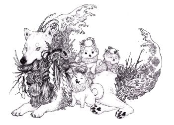 animal baby_animal chinese_zodiac commentary_request dog food fruit fuji_166 full_body greyscale mandarin_orange monochrome nengajou new_year orange_(fruit) original puppy rope scarf shide shimenawa simple_background water waving white_background year_of_the_dog