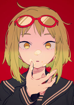 1girl akka bad_id black_sailor_collar black_serafuku dated_commentary eyewear_on_head food food_on_face food_on_hand green_hair gumi long_sleeves looking_at_viewer orange_eyes parted_lips red-framed_eyewear red_background sailor_collar school_uniform serafuku simple_background solo upper_body vocaloid yowamushi_mont-blanc_(vocaloid)