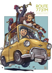 Rule 34 | 1boy, 1girl, :d, bird, black eyes, black hair, black skirt, blue background, blush, blush stickers, bow, bow (music), bowler hat, bowtie, car, cello, commentary, driving, english text, hairband, hat, highres, holding, holding instrument, instrument, license plate, long sleeves, motor vehicle, music, nanami tomorou, open mouth, original, outside border, penguin, pink bow, pink bowtie, pink hairband, playing instrument, purple hat, shirt, skirt, smile, suspender skirt, suspenders, symbol-only commentary, tambourine, trumpet, violin, white shirt