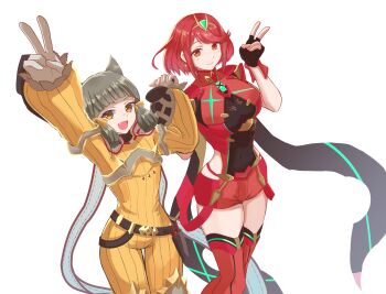 2girls absurdres animal_ears arched_bangs belt blunt_bangs bob_cut bodysuit breasts cat_ears commentary_request earrings facial_mark fingerless_gloves gloves grey_hair highres impossible_clothes jewelry jumpsuit k0oo_0 large_breasts multiple_girls nia_(xenoblade) open_mouth pyra_(xenoblade) red_eyes red_hair red_shorts ribbed_bodysuit ribbed_jumpsuit short_hair short_shorts shorts smile swept_bangs tiara v white_background white_gloves xenoblade_chronicles_(series) xenoblade_chronicles_2 yellow_bodysuit yellow_eyes yellow_jumpsuit