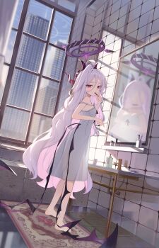 1girl 9nu absurdres ahoge bathroom black_halo black_horns blue_archive blush breasts commentary day demon_girl demon_horns demon_wings double-parted_bangs dress halo highres hina_(blue_archive) horns indoors long_hair looking_at_viewer low_wings mirror multiple_horns purple_eyes purple_halo purple_wings reflection small_breasts solo tiles very_long_hair white_dress white_hair window wings