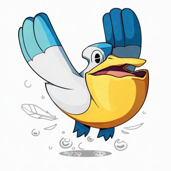 beak bird flying gen_3_pokemon mistray-art nintendo no_humans numbered open_mouth pelipper pokemon pokemon_(creature) simple_background solo white_background wings