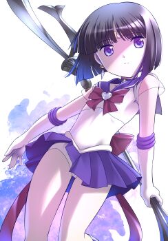 1girl back_bow bishoujo_senshi_sailor_moon black_hair blue_eyes bow choker circlet closed_mouth crystal_earrings earrings elbow_gloves flat_chest glaive_(polearm) gloves heart highres himehachi_(hime8manga) holding holding_polearm holding_weapon jewelry magical_girl miniskirt panties pantyshot planet_earrings pleated_skirt polearm purple_choker purple_sailor_collar purple_skirt red_bow sailor_collar sailor_saturn sailor_senshi_uniform shirt short_hair silence_glaive skirt sleeveless sleeveless_shirt smile solo split_mouth star_(symbol) star_choker super_sailor_saturn tomoe_hotaru underwear weapon white_gloves white_panties white_shirt