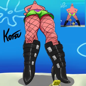2boys black_boots boots colored_skin crossdressing crossdressing_(mtf) derivative_work english_text fishnet_pantyhose fishnets from_below giant green_male_swimwear hands_on_own_hips high_heel_boots high_heels highres idlepotoo knee_boots male_swimwear meme multiple_boys navel nickelodeon pantyhose patrick_star pink_skin reference_inset screenshot_redraw signature sponge spongebob_squarepants spongebob_squarepants_(series) starfish swim_trunks toon_(style)
