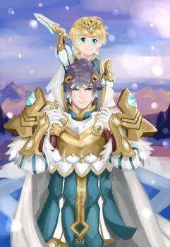 1boy absurdres blonde_hair blue_eyes carrying fire_emblem fire_emblem_heroes fjorm_(fire_emblem) gradient_hair highres hrid_(fire_emblem) mazarin multicolored_hair nintendo piggyback purple_hair