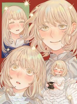 Rule 34 | 1girl, aged down, blonde hair, blush, closed eyes, closed mouth, commentary, dungeon meshi, falin touden, falin touden (chimera), falin touden (tallman), happy, highres, long hair, multiple views, open mouth, sasakura34, short hair, smile, yellow eyes