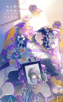 1girl absurdres ball basho bell black_hair blunt_bangs checkered_clothes choker closed_mouth eyeball eyeball_hair_ornament eyelashes fingernails floor floral_print flower hair_flower hair_intakes hair_ornament highres iei japanese_clothes kimono long_sleeves looking_at_object looking_up lying nail_polish on_back original pansy picture_frame pink_eyes purple_choker purple_flower purple_nails purple_pansy purple_ribbon ribbon sample_watermark short_hair sidelocks skeleton solo tassel temari_ball watermark white_flower wide_sleeves