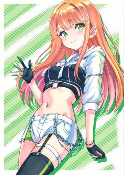 1girl black_garter_straps black_gloves border bracelet breasts chain closed_mouth commentary_request cowboy_shot crop_top gakuen_idolmaster garter_straps gloves green_eyes hair_ornament hairclip highres idolmaster jewelry light_blush long_hair looking_at_viewer midriff mole mole_under_eye navel notus_23 o-ring orange_hair outside_border partially_fingerless_gloves shiun_sumika short_shorts shorts single_garter_strap small_breasts smile solo stomach thigh_strap white_border white_shorts