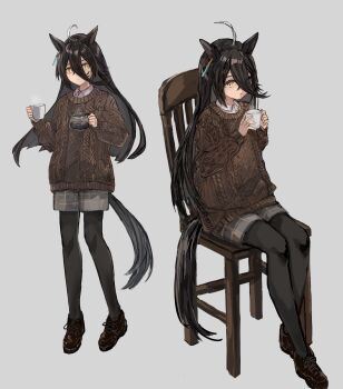 1girl absurdres ahoge animal_ears black_pantyhose brown_footwear brown_sweater chair coffee coffee_mug coffee_pot cup earrings grey_shorts highres holding holding_coffee_pot holding_cup horse_ears horse_girl horse_tail jewelry long_bangs long_hair looking_at_viewer manhattan_cafe_(umamusume) mug multicolored_hair multiple_views pantyhose rokojii shorts single_earring sitting steam sweater tail umamusume white_hair yellow_eyes