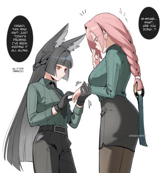 2girls animal_ears black_hair black_necktie black_pants black_skirt braid braided_ponytail breasts closed_mouth commentary dailymiyanagi english_commentary english_text fox_ears fox_girl glasses green_sweater highres hoshimi_miyabi jewelry large_breasts long_hair marriage_proposal medium_breasts multiple_girls necktie pants pantyhose pencil_skirt pink_eyes pink_hair red_eyes ring simple_background skirt smile sweater tsukishiro_yanagi wedding_ring white_background yuri zenless_zone_zero