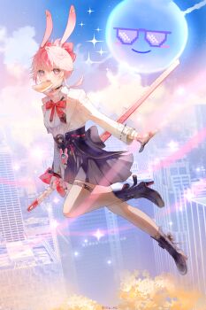 1girl absurdres animal_ears asymmetrical_gloves black_boots boots bow bread bread_slice breasts building cityscape commentary_request evanescia_(honkai:_star_rail) food food_in_mouth fox_ears fox_girl full_body gloves hair_bow high_heel_boots high_heels highres holding holding_sword holding_weapon honkai:_star_rail honkai_(series) long_sleeves looking_at_viewer medium_breasts mismatched_gloves moon mouth_hold open_mouth outdoors partially_fingerless_gloves pink_hair pleated_skirt purple_eyes reverse_grip ria_(ria_tt2) shirt short_hair_with_long_locks skirt skyscraper solo sword thigh_strap toast toast_in_mouth twitter_username weapon white_shirt