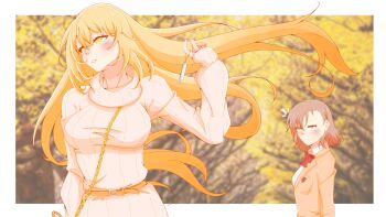 2girls ^^^ absurdres alternate_costume asymmetrical_bangs belt blazer border bow bowtie breasts brown_belt brown_eyes brown_hair brown_jacket casual chain commentary dress floating_hair gold_chain hand_up highres holding holding_whistle jacket large_breasts lightning_bolt_symbol long_hair long_sleeves looking_at_another medium_hair misaka_mikoto multiple_girls outdoors red_bow red_bowtie school_emblem school_uniform shion_ni shokuhou_misaki star-shaped_pupils star_(symbol) sternocleidomastoid_muscle sweater sweater_dress symbol-only_commentary symbol-shaped_pupils toaru_kagaku_no_railgun toaru_majutsu_no_index tokiwadai_school_uniform tree very_long_hair whistle white_border winter_uniform yellow_eyes