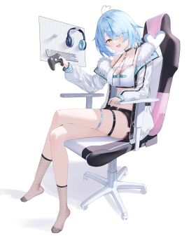 1girl :d absurdres ahoge aki_uzuki3 black_choker black_shorts blue_hair breasts chair choker cleavage commentary controller crossed_legs elf feet fishnet_socks fishnet_top fishnets full_body fur-trimmed_jacket fur_trim game_controller gaming_chair hair_over_one_eye heart heart_ahoge highres holding holding_controller holding_game_controller hololive jacket large_breasts looking_at_viewer no_shoes official_alternate_costume official_alternate_hairstyle on_chair open_fly open_mouth pointy_ears short_hair short_shorts shorts simple_background sitting smile socks solo sports_bra swept_bangs swivel_chair thigh_strap toes toes_visible_through_clothing untranslatable_commentary virtual_youtuber white_background white_jacket white_sports_bra yellow_eyes yukihana_lamy yukihana_lamy_(cyber)
