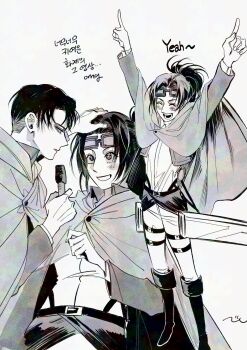 1boy 1girl black_boots black_hair blush boots breasts cloak closed_eyes eyewear_on_head full_body greyscale grin hand_on_another&#039;s_head hange_zoe highres levi_(shingeki_no_kyojin) looking_at_another medium_breasts medium_hair monochrome multiple_views nul open_mouth pants parted_bangs parted_lips pointing pointing_up ponytail shingeki_no_kyojin shirt short_hair smile three-dimensional_maneuver_gear upper_body white_background white_pants white_shirt