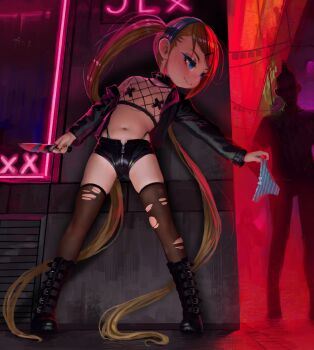 1boy 1girl alley black_footwear black_jacket black_nails black_shorts blue_eyes boots brown_hair brown_thighhighs closed_mouth cross cross_pasties fang fang_out fiz-rot flat_chest full_body hair_ornament hairband hairclip highres holding holding_knife holding_panties holding_underwear holding_unworn_clothes jacket knife loli long_hair nail_polish navel open_clothes open_jacket original outdoors panties pasties shorts skindentation smile standing striped_clothes striped_panties thighhighs torn_clothes torn_thighhighs twintails underwear unworn_panties very_long_hair