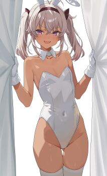 1girl absurdres animal_ears bare_shoulders breasts commentary_request covered_navel cowboy_shot curtain_grab curtains dark-skinned_female dark_skin detached_collar fake_animal_ears fangs gloves gluteal_fold grey_hair hairband hands_up highleg highleg_leotard highres leotard long_hair looking_at_viewer matsukai_mao nijisanji open_mouth playboy_bunny purple_eyes rabbit_ears small_breasts smile solo thigh_gap thighhighs thighs tillots twintails v-shaped_eyebrows white_gloves white_leotard white_thighhighs