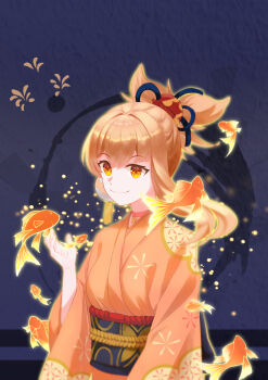 1girl absurdres artist_request asymmetrical_hair black_obi black_sash blonde_hair breasts eyelashes female_focus fireworks_print fish floating genshin_impact glowing hair_ornament hand_up happy highres huge_filesize japanese_clothes jewelry kimono koi long_hair looking_at_another medium_breasts mihoyo neck necklace obi orange_eyes orange_yukata parted_bangs ponytail print_sash print_yukata sash short_ponytail sidelocks smile standing traditional_clothes upper_body wide_sleeves yoimiya_(genshin_impact) yukata