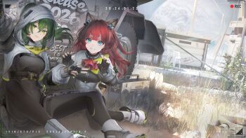 2girls absurdres akekuri_(arknights) animal_ears arknights arknights:_endfield battery_indicator black_bodysuit blue_eyes bodysuit breasts chinese_commentary commentary_request covered_navel dated dog_ears dog_girl fake_screenshot fingerless_gloves fluorite_(arknights) gloves graffiti green_eyes green_hair grin highres hood hood_up hooded_shrug irvinetope long_hair looking_at_another medium_breasts multiple_girls outdoors paw_pose recording red_hair shoes shrug_(clothing) sitting smile w white_shoes white_shrug