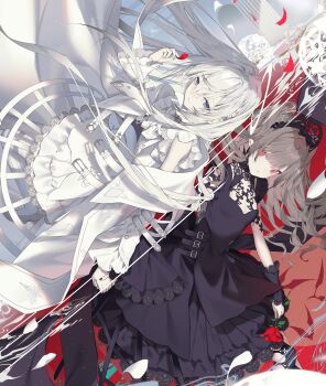 2girls absurdres belt black_dress black_nails blue_eyes blunt_bangs brown_hair closed_mouth column commentary_request detached_sleeves dress eshi_100_nin_ten flower frilled_dress frilled_sleeves frills goth_fashion gothic_lolita hair_between_eyes hairband highres holding holding_flower holding_hands holding_petal kotarou_(kot_mochi) lolita_fashion lolita_hairband long_hair multiple_girls original petals pillar polar_opposites red_eyes rose runes smile split_screen split_theme white_dress white_hair white_sleeves