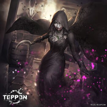 1girl barrel blood blood_on_face blood_on_mouth breasts bug capcom cape cassandra_dimitrescu cleavage cloak curvy dress fly gloves highres hood horns horror_(theme) insect jewelry licking_lips looking_at_viewer medium_breasts monster monster_girl necklace official_art pale_skin peperon_(peperou) resident_evil resident_evil_village sickle skull support_beam teppen tongue tongue_out weapon yellow_eyes