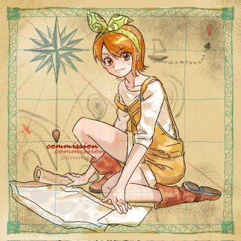 1girl a_dong1987 aged_down blush boots bow bow_hairband brown_boots brown_eyes closed_mouth collarbone commentary commission compass coordinates full_body green_bow green_hairband hairband highres holding holding_map looking_at_viewer map nami_(one_piece) official_alternate_costume on_one_knee one_piece one_piece:_stampede orange_hair overall_shorts overalls shirt short_hair single_sidelock sleeves_rolled_up smile solo symbol-only_commentary thighs white_shirt yellow_overalls