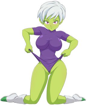 1girl alien boots caisama cameltoe cheelai colored_skin dragon_ball green_skin highres kneeling leotard pulling_own_clothes purple_eyes short_hair smile white_hair
